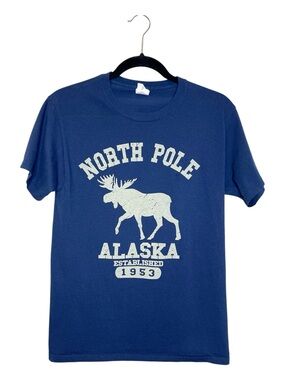 North Pole Alaska Moose Travel Destination blue and white Tee size Small